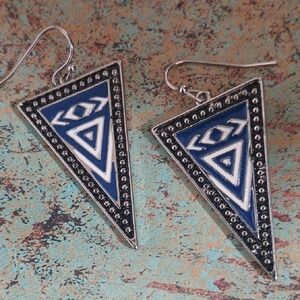 Tribal Silver and Blue Triangle Earrings